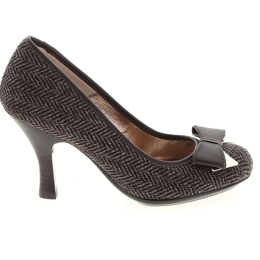NEW Sofft 6.5 Vivian Pumps Coffee Bean Brown Tweed Round Toe Fabric Bow Metallic